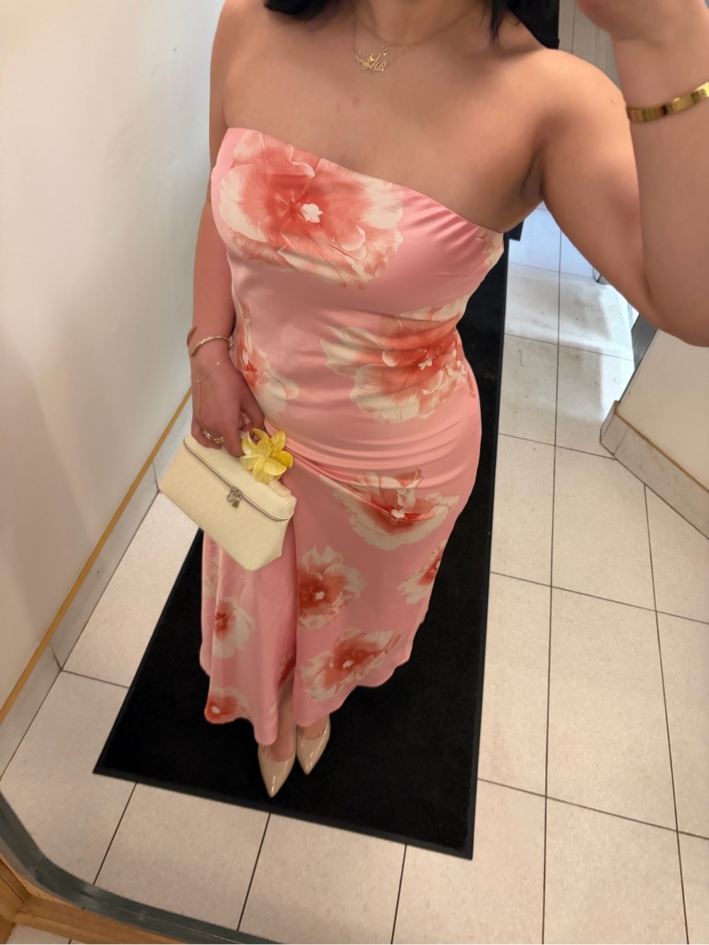 Strapless Satin Floral Dress